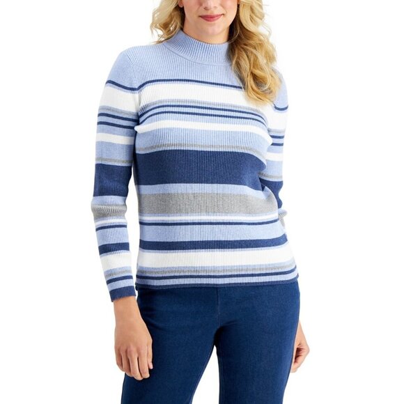 Karen Scott Womens Petite Size PP Striped Ribbed Mock-Neck Sweater in Blue SW1 - Picture 1 of 7